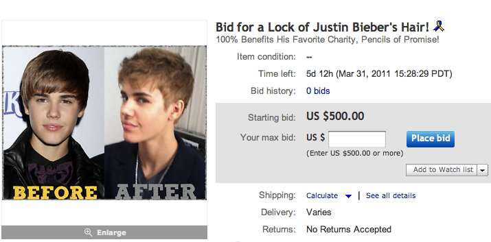 Justin Biebers hårlock på Ebay